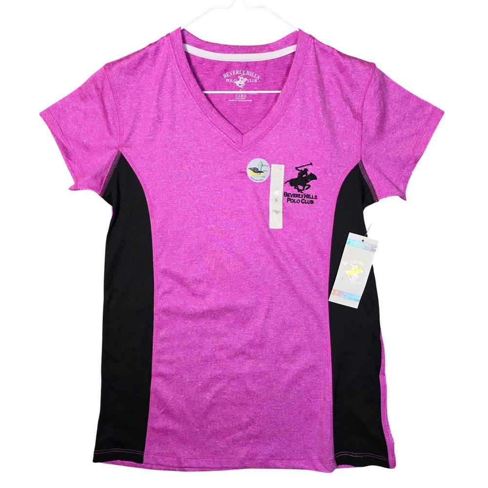Beverly Hills Polo Club Womens V-Neck Active T-Shirt Pink Black Small NWT